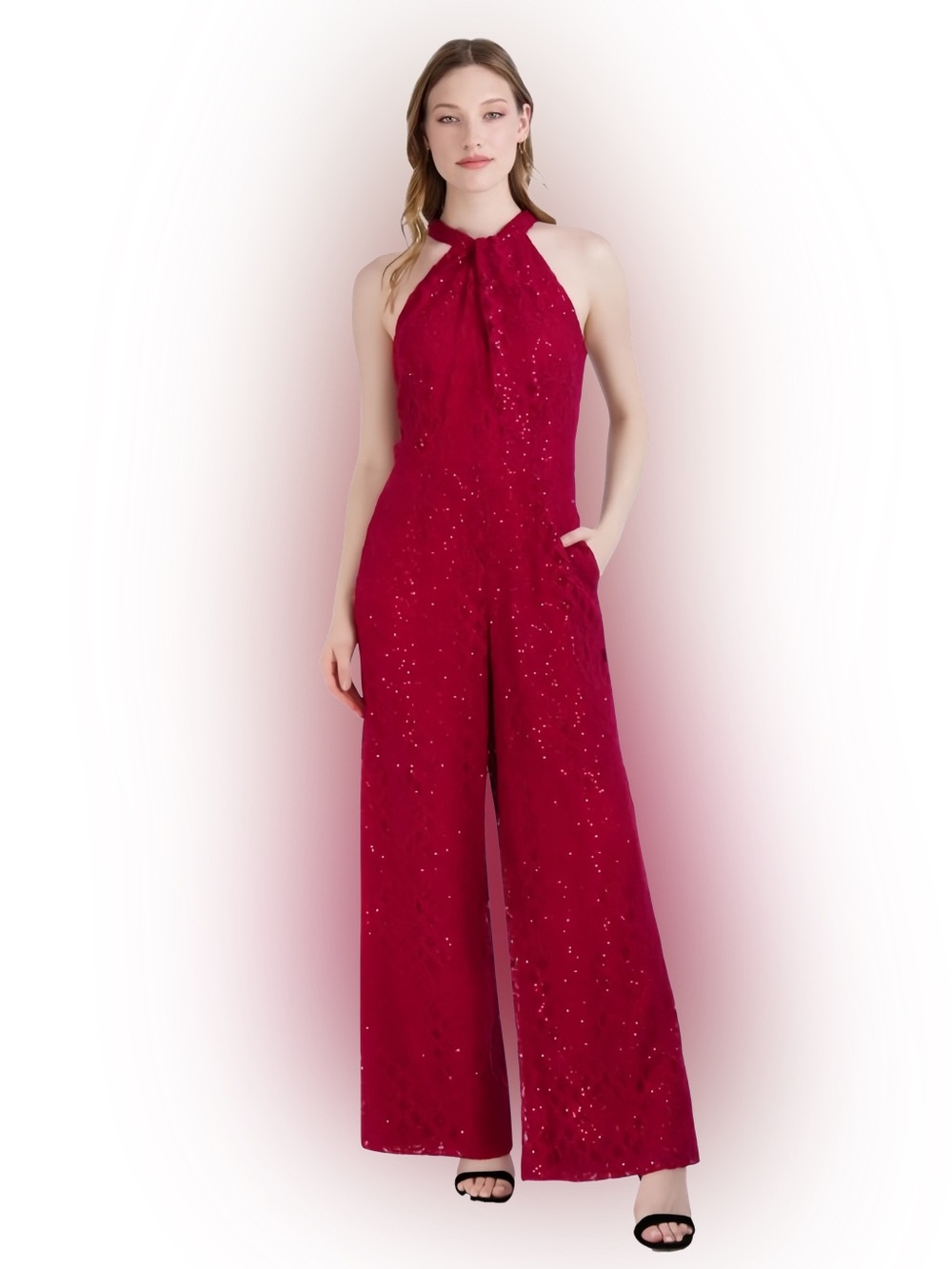 julia jordan Burgundy Sequin Halter Wide-Leg Jumpsuit
